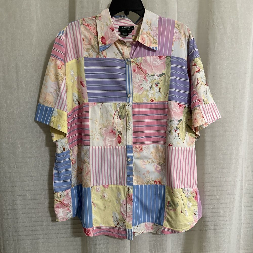 LRL 3X Pastel Pink Floral Stripe Patchwork Short Sleeve Button Vintage Shirt